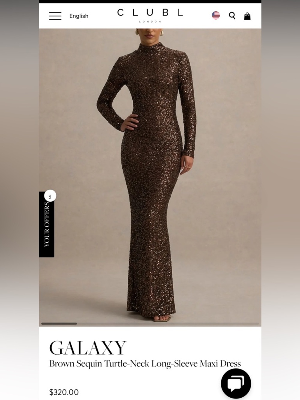 Galaxy Brown Sequin Turtleneck Long-Sleeve Maxi Dress